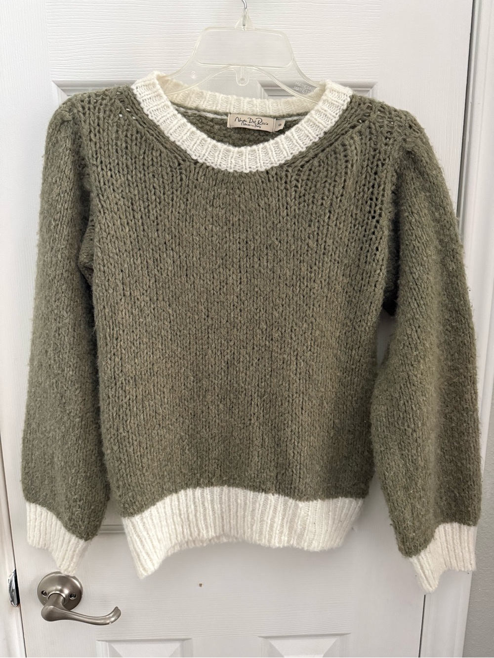 Nada del Riccio Italian Olive Crewneck Sweater with Cream Trim